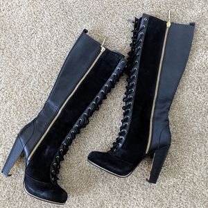 Calf high zip up, lace up high heels boots 6.5